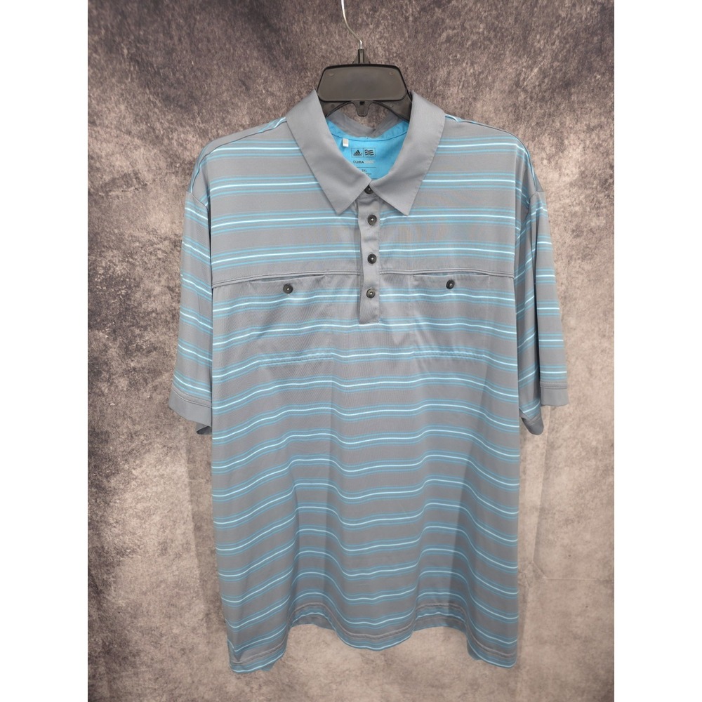 Adidas Polo Shirt Mens 2XL Blue Gray Striped Golf Casual Climacool Short Sleeve